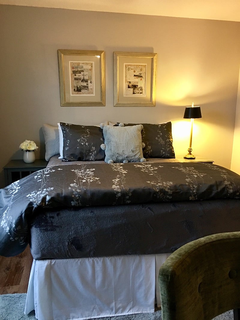 Bedroom features a queen size bed and walk-in closet.