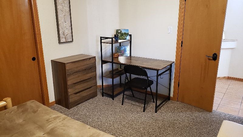 Drawer, desk and shelf space for your paperwork, books, and electronics.