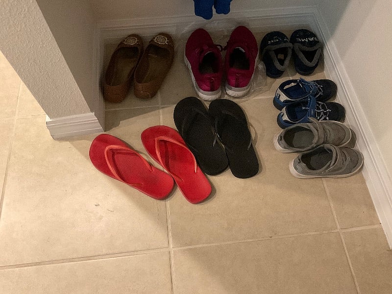 Drop off area. No shoes on inside expect bedroom slippers or house shoes