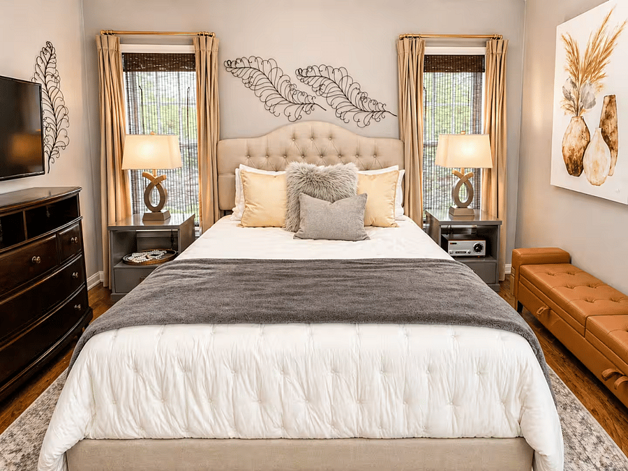 Peaceful queen bedroom designed for a restful night's sleep.