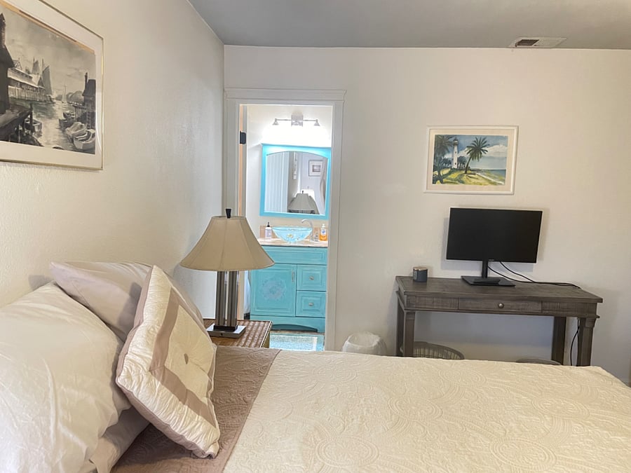 Bedroom has a desk and monitor.