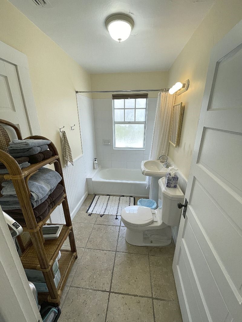 Bathroom with towels, soaps, etc