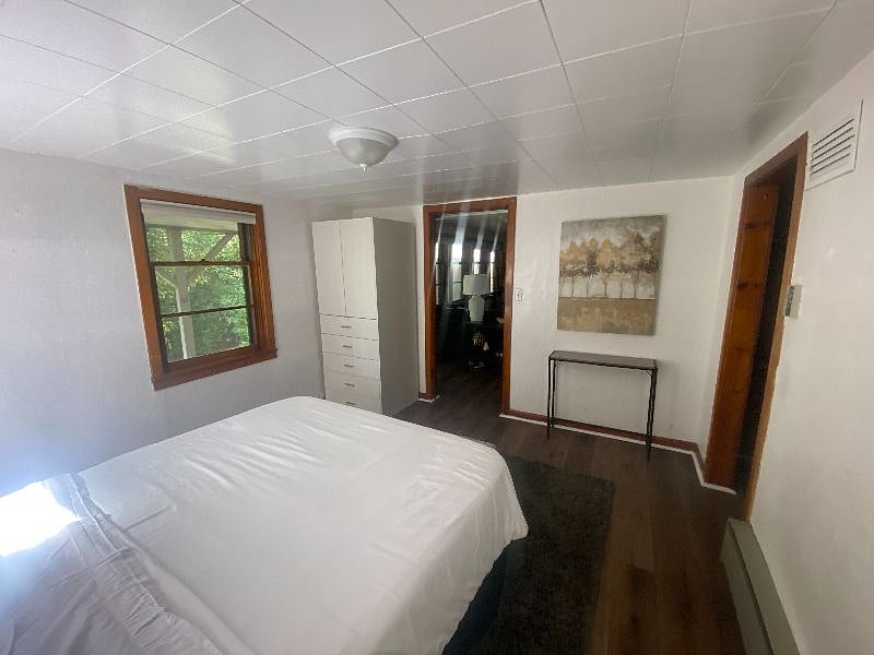 Bedroom with walk in closet and storage dresser