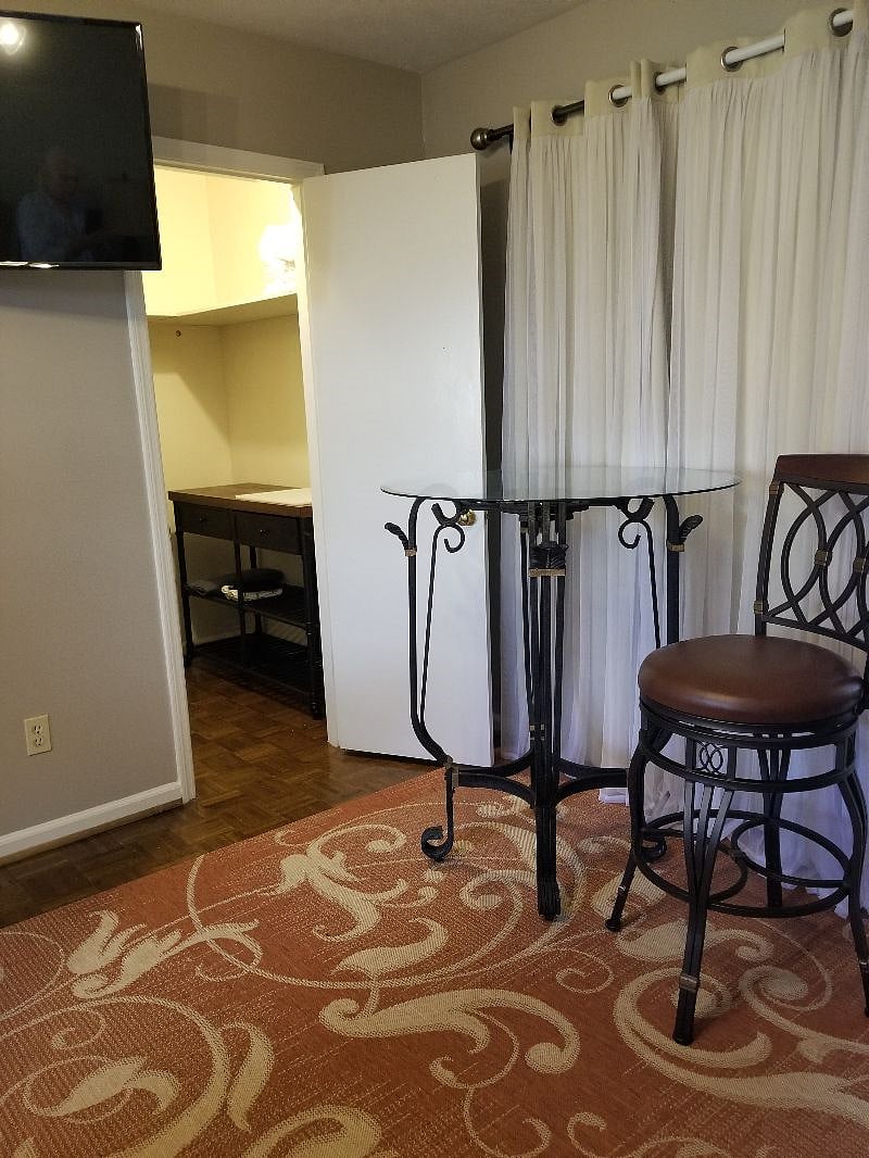 Food prep, refrigerator, lots of shelving, closet rod for hanging clothes, cleaning supplies, etc.