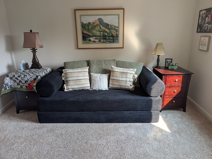 This sofa makes into a queen size bed. There is mattress topper in the garage if needed.