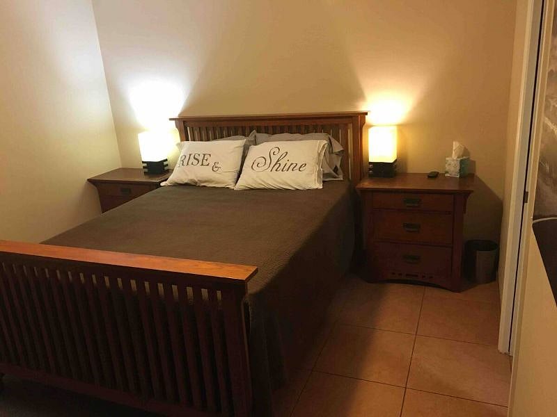 In the bedroom, enjoy a comfy queen mattress set and the mission/craftsman style bedroom furniture.