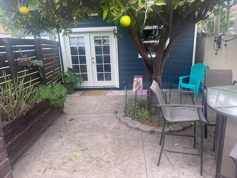 Here's your entrance to the Guest House in the private, enclosed patio beneath the lush orange tree.
