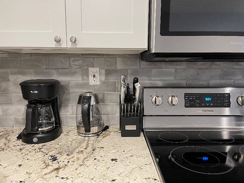 Coffee pot, electric kettle, full knife set all included. Stainless steel appliances.