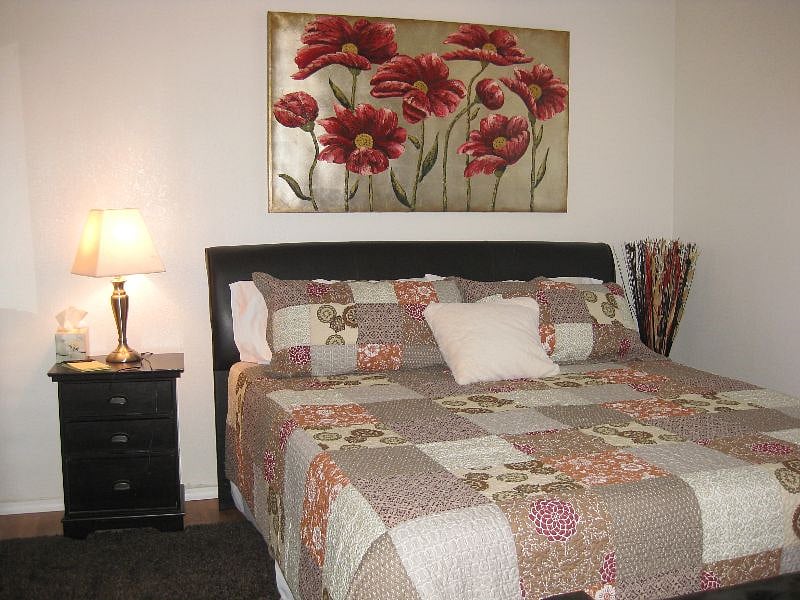 Master bedroom with King size mattress, TV,  balcony, and walk-in closet.