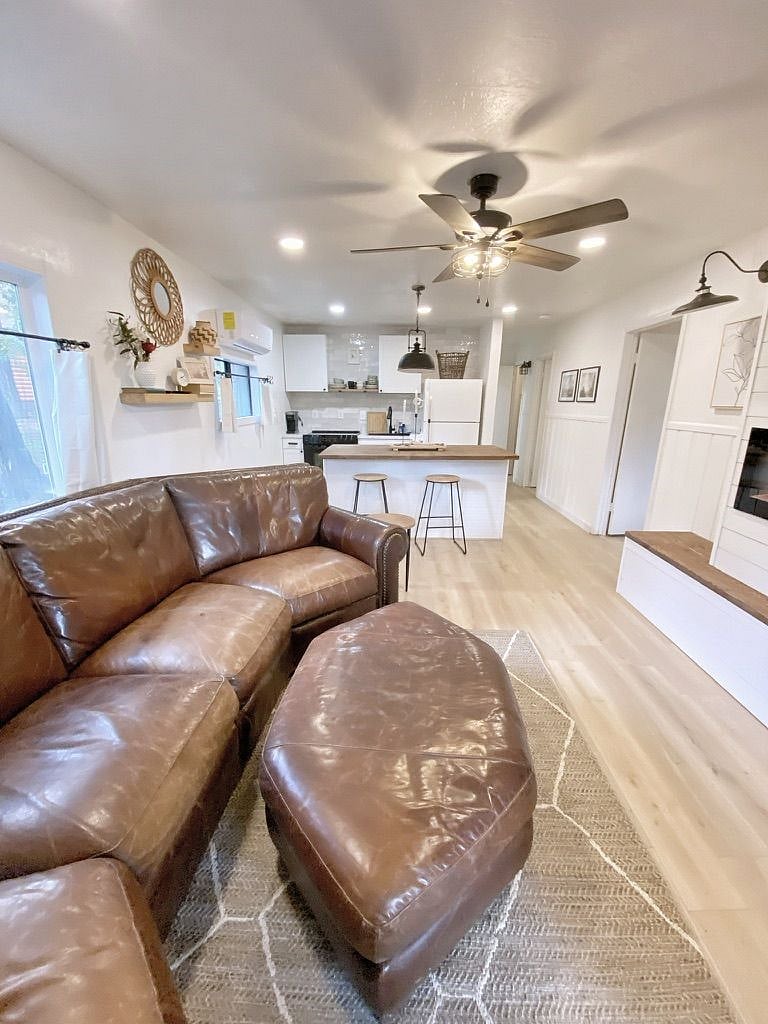 View from front door into main living area of lower level apartment space