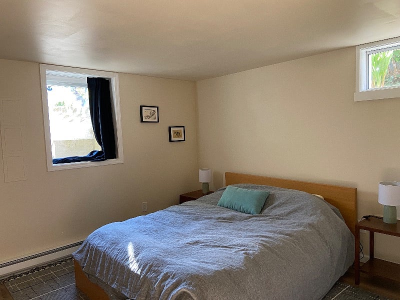 Queen bed with blackout curtains