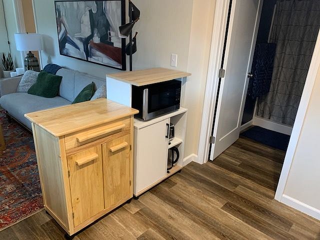 Kitchen storage and work space. 