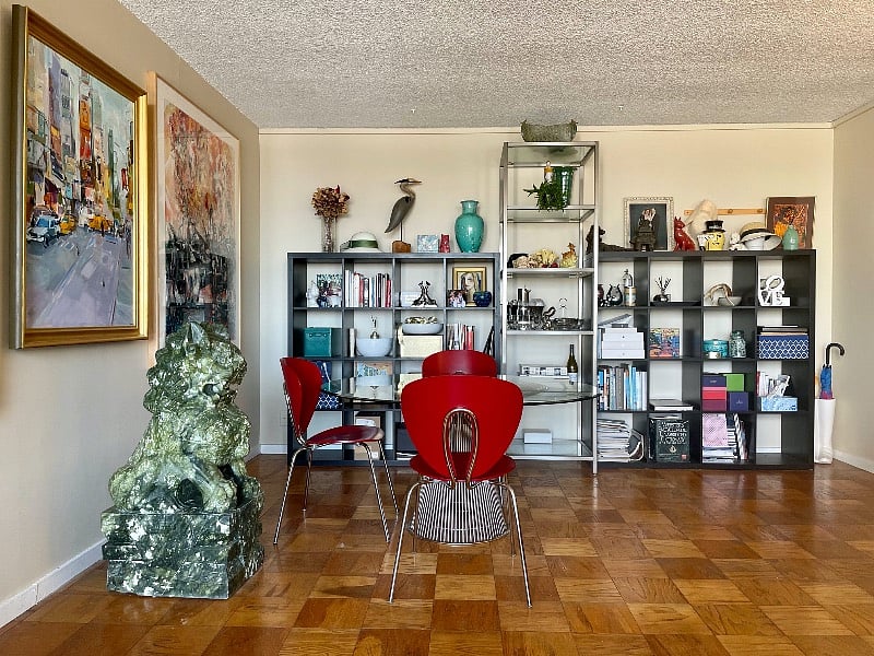 Open concept living space.The bookshelf is a sort of curio cabinet of my life interests and travels with books on local attractions, the Arts, and objects of interest.