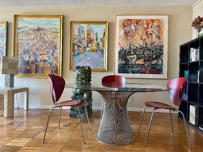 Design Within Reach dining table and 6 red wood chairs (some not shown)