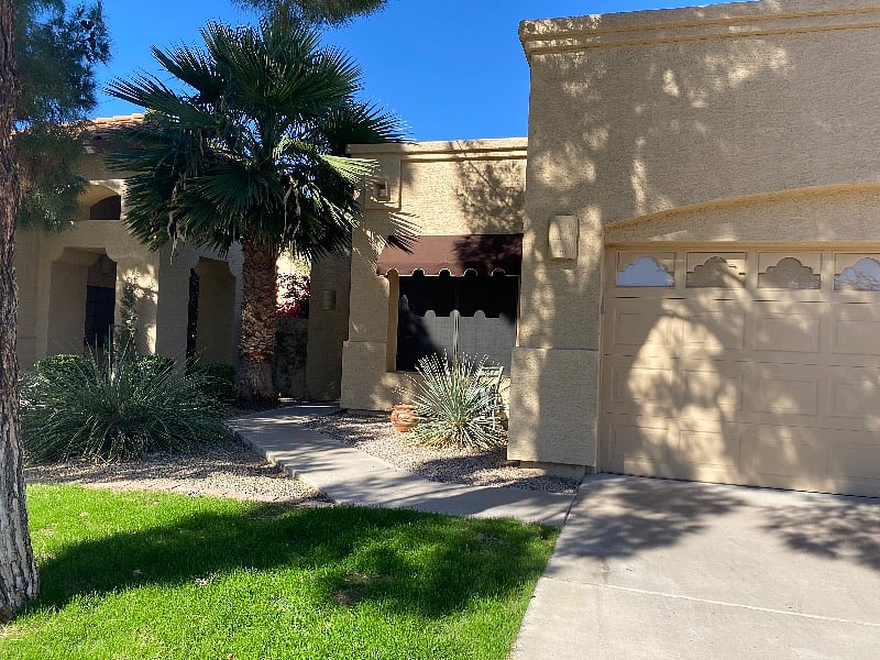 Front view of the house, two car garage