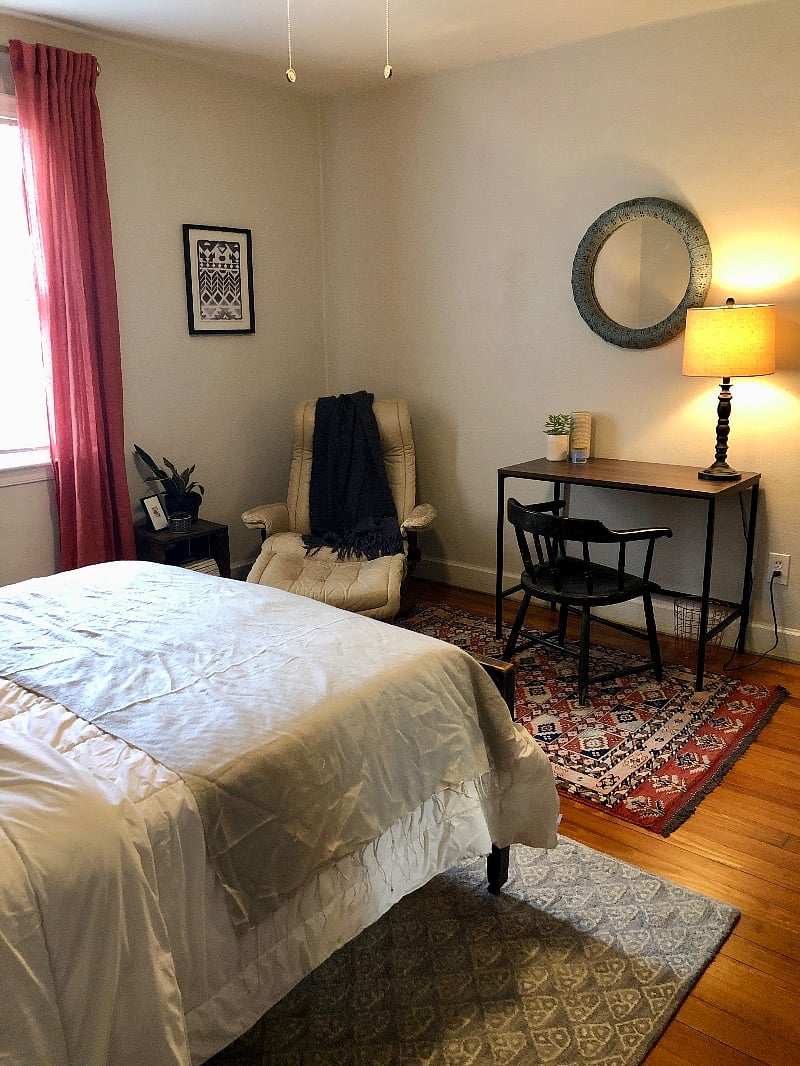 Unit 1/$800 - full-size bed, closet and dresser, dedicated workspace, lounge chair 