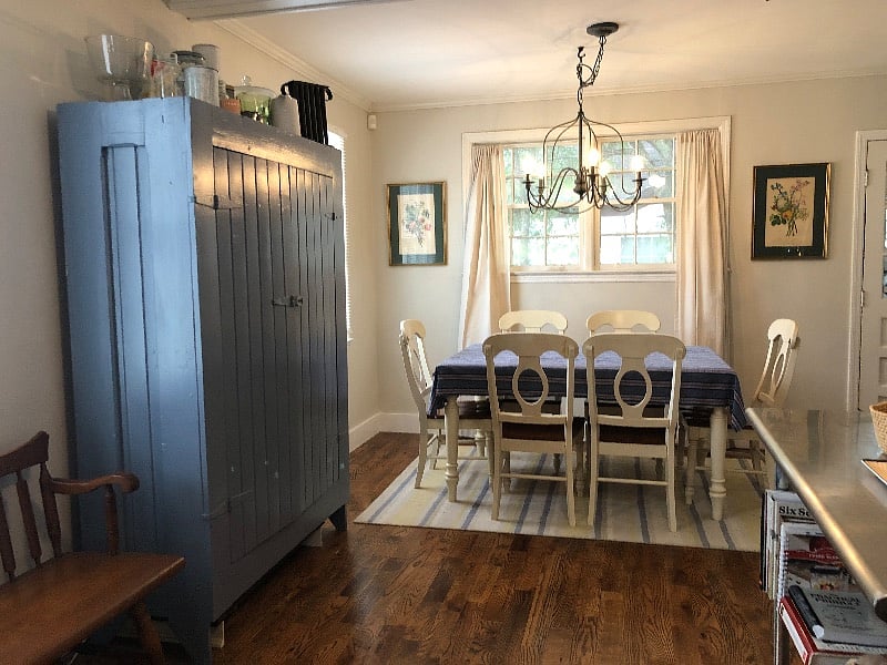 The shared eat-in kitchen and blue pantry for dry food storage