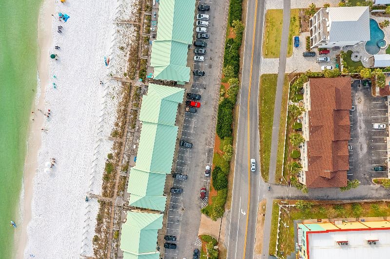 Overhead view of townhomes and beach
