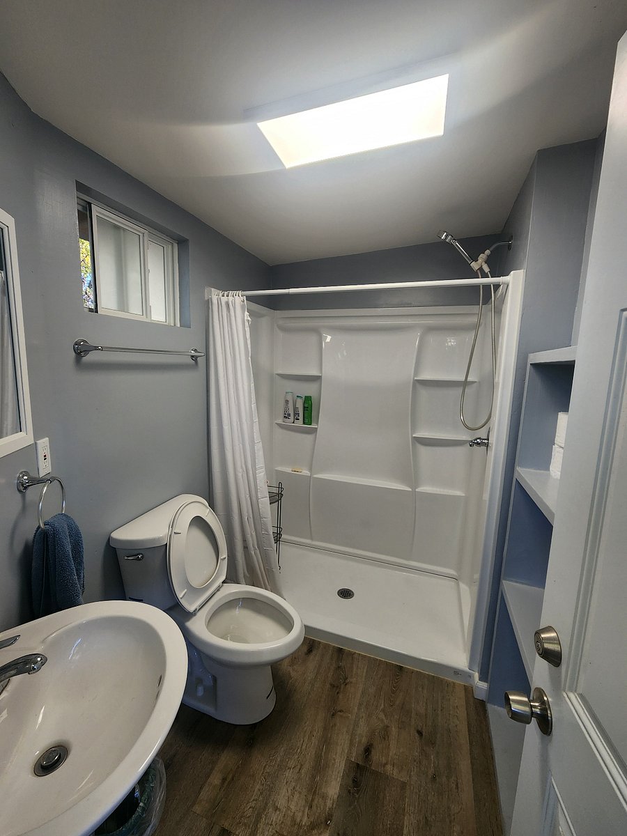 An outdoor full bathroom.