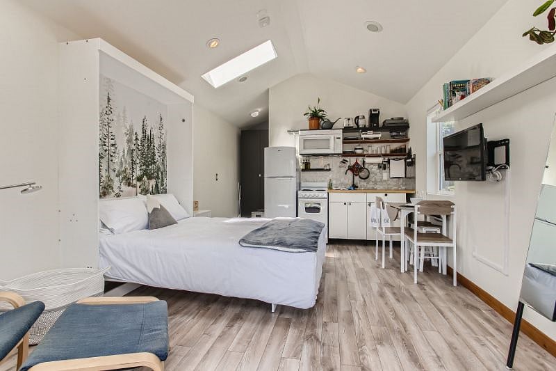 Main living/sleeping area with murphy bed down.