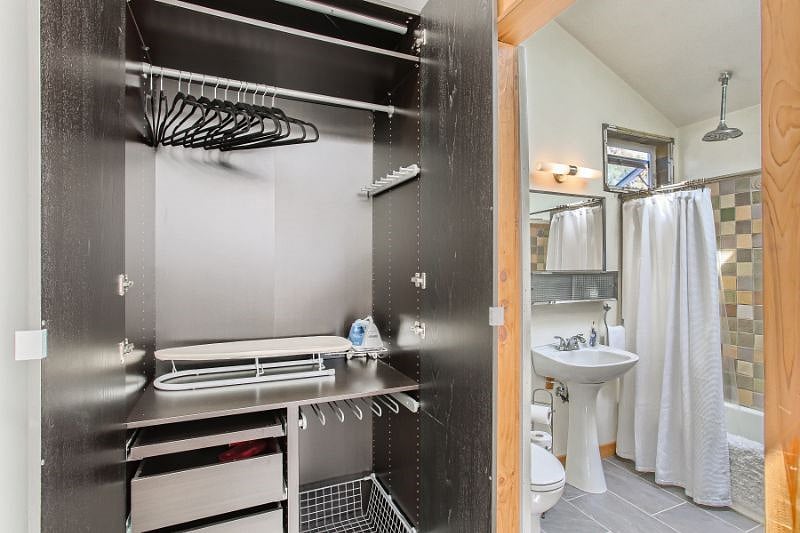 Closet area (door open) and bath with sliding barn-style door open.