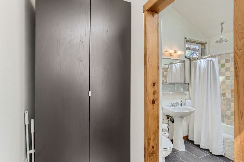 Closet area (door closed) and bath with sliding barn-style door open.