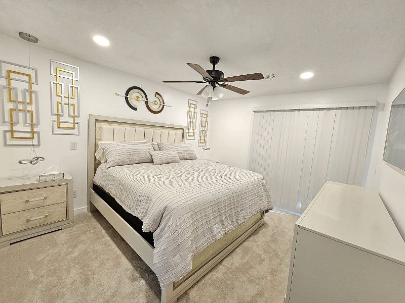 Brand new King size bed with brand new mattress, Dimmable lights, cute pendant lamps by the bed