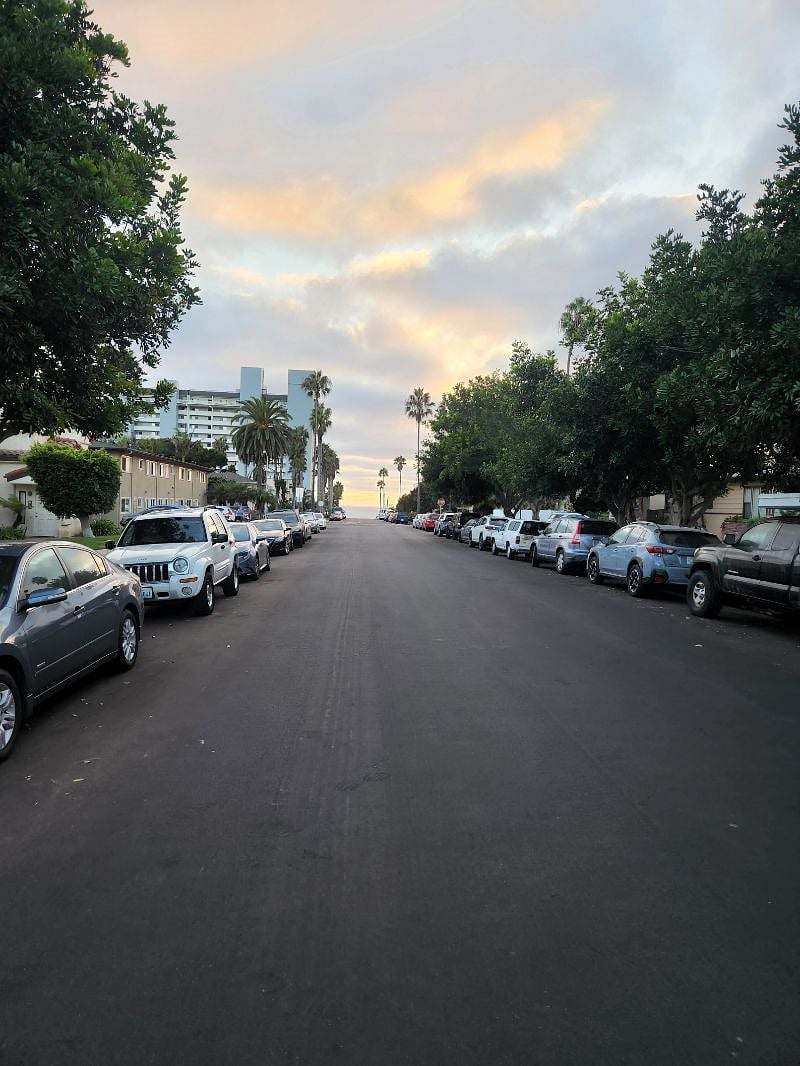 Evening/sunset (not a great one) looking down the street to the Pacific