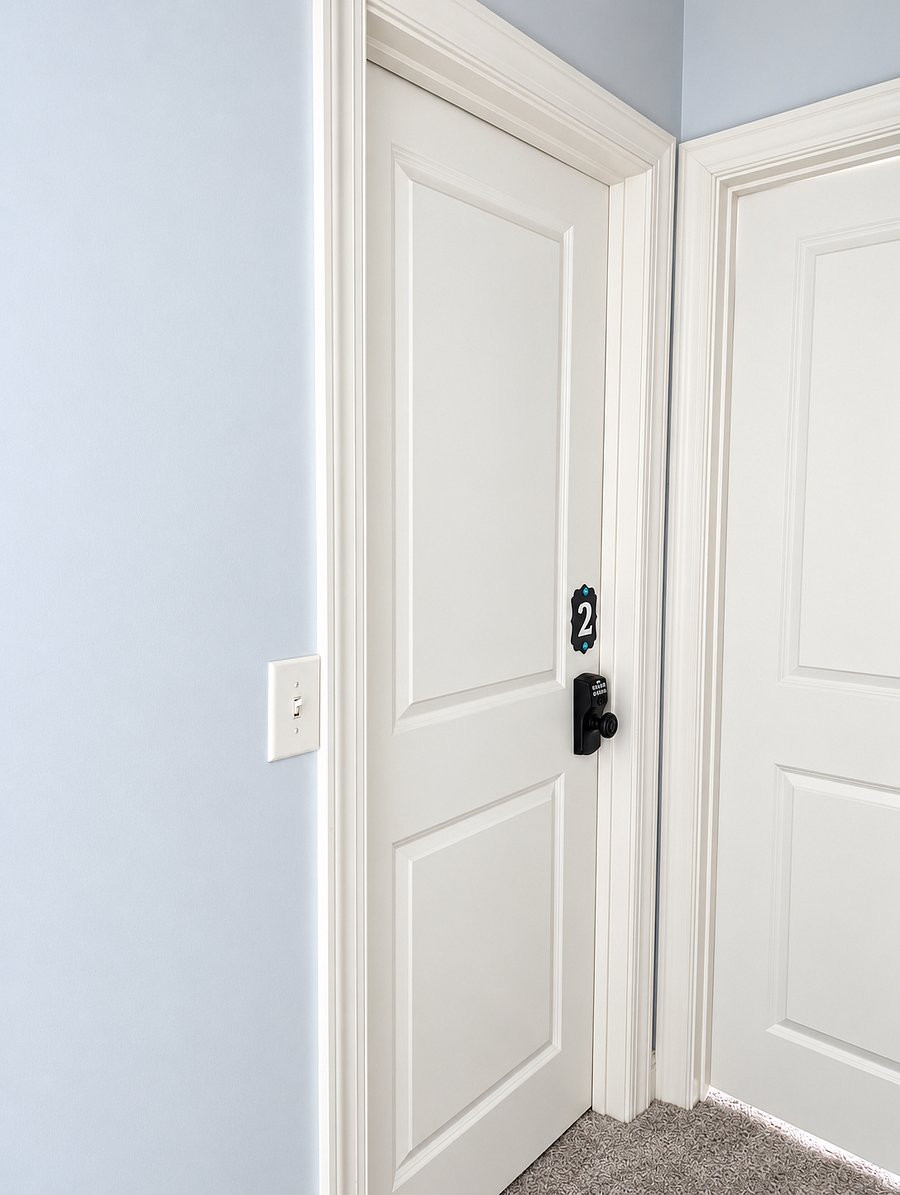 Room 2 entrance with keypad lock and numbered door.