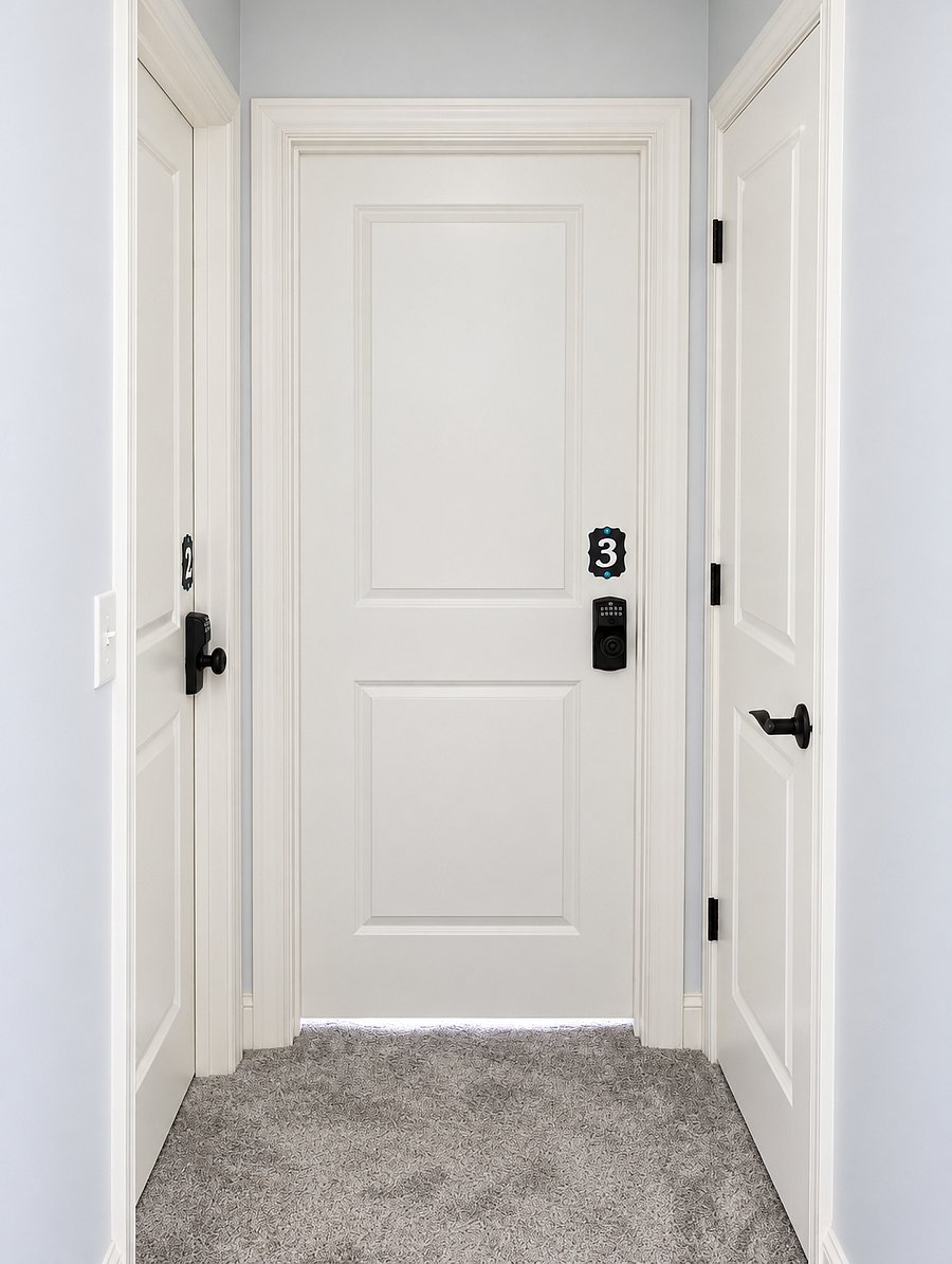 Room 3 entrance with keypad lock and numbered door.
