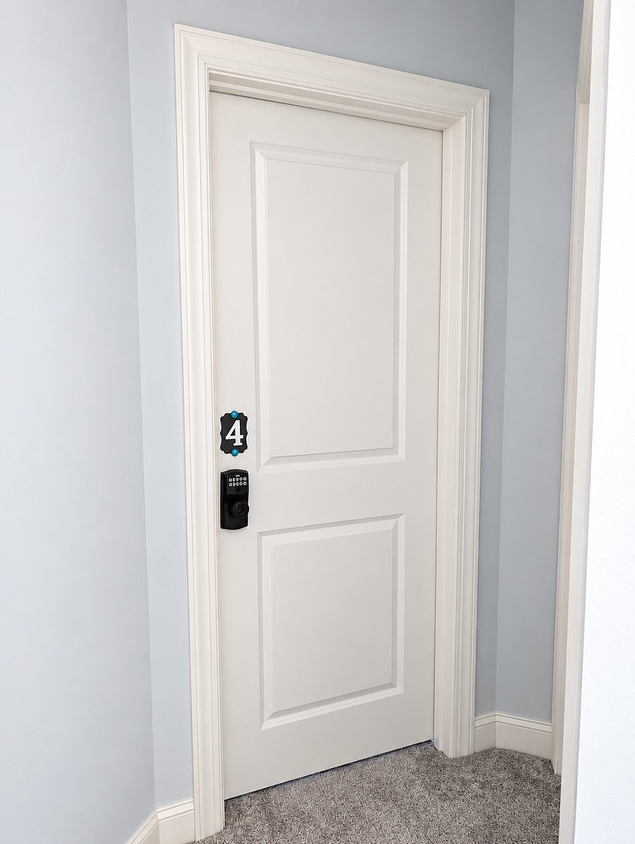 Room 4 entrance with keypad lock and numbered door.