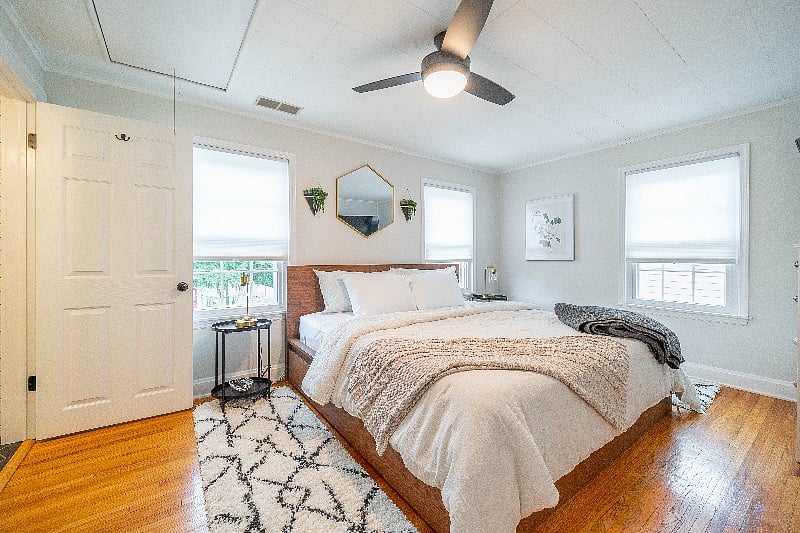 Master bedroom. Our favorite parts of this room are the comfy king bed and natural light available.
