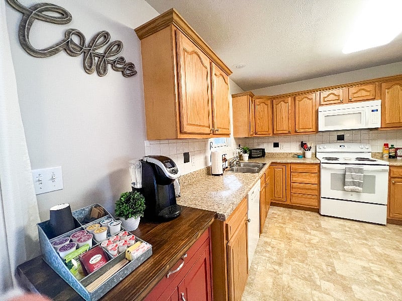 Make sure you check out the fully-stocked coffee bar!