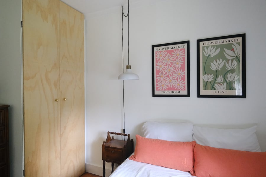 Guest Room - front yard facing, full bed with space under  for luggage/storage, small closet, dresser, working piano (out of tune)
