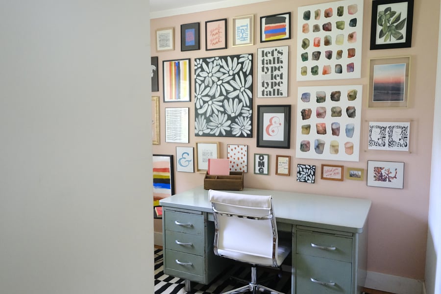 Office - large desk, office chair, small chaise, backyard facing