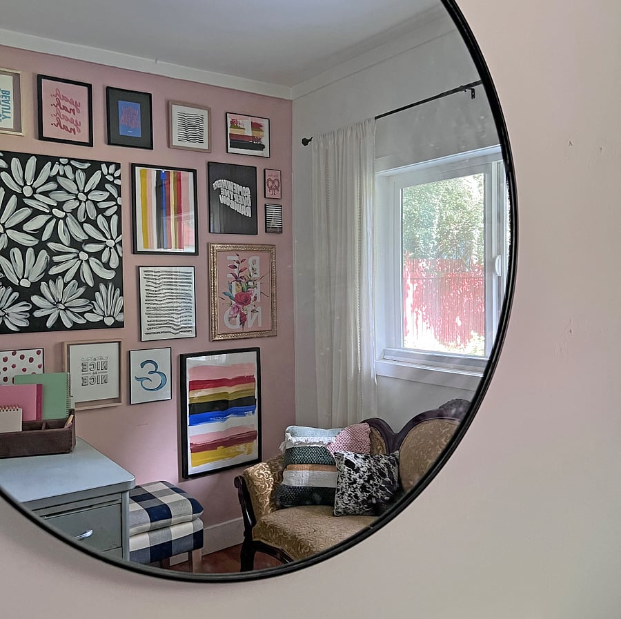 Office - large desk, office chair, small chaise, backyard facing