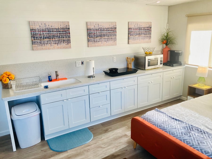 Kitchenette - microwave, coffee machine, induction stove top (portable), sink with garbage disposal. Cups, plates, and utensils provided.