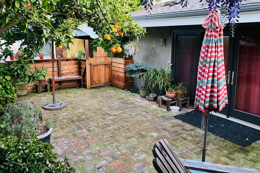 Private outdoor area with seating, chimnea, and mature trees