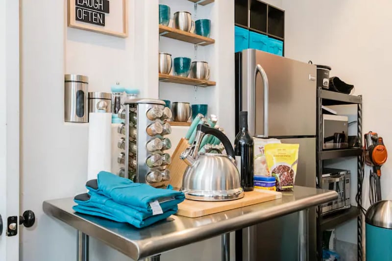 Chef's station with full knife set, spice rack, cutting boards and more!