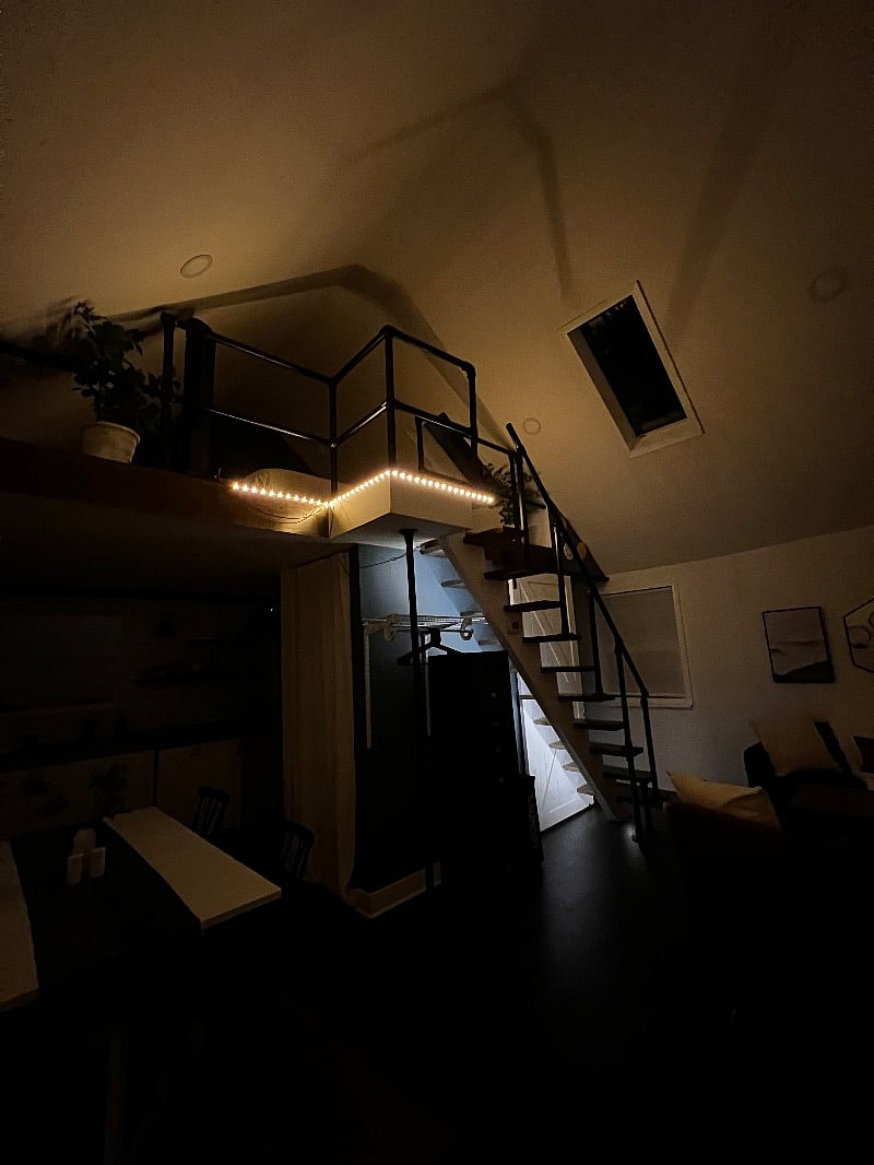Motion sensing lights lining the monorail stairs and loft edge for night time stair use/low light conditions.