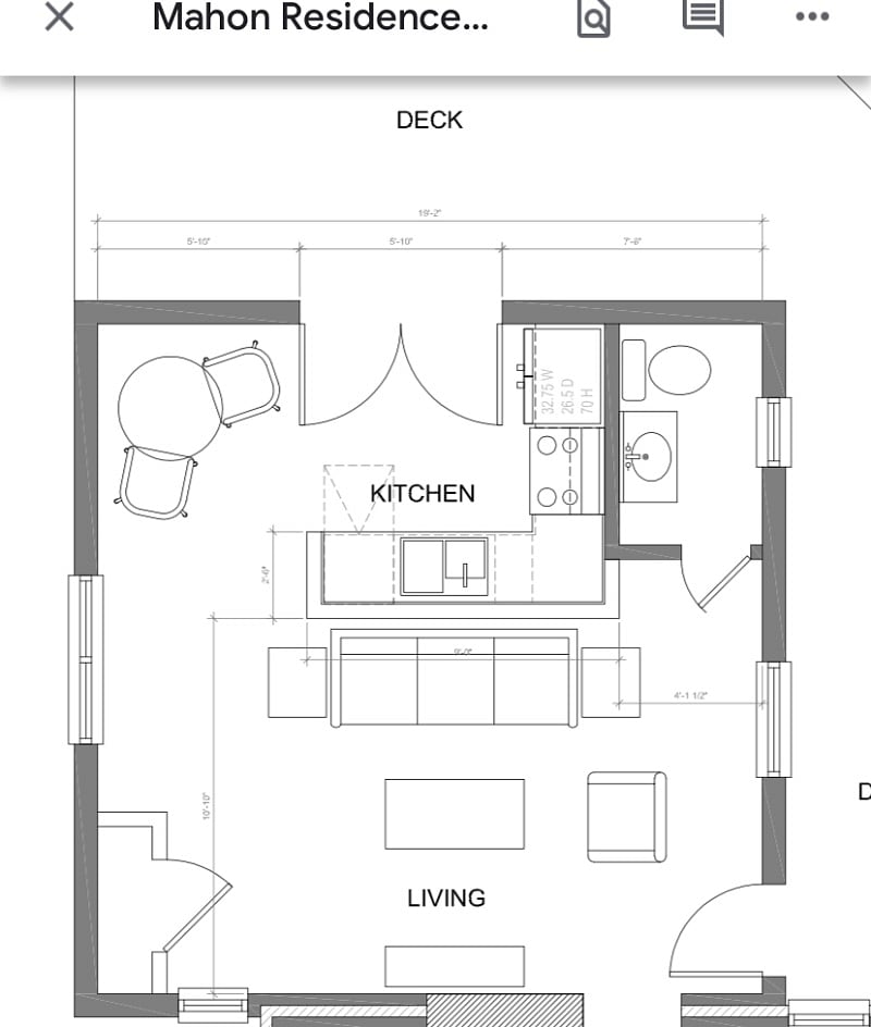 Upstairs, living room, dining room, kitchen, and half bath floor plan