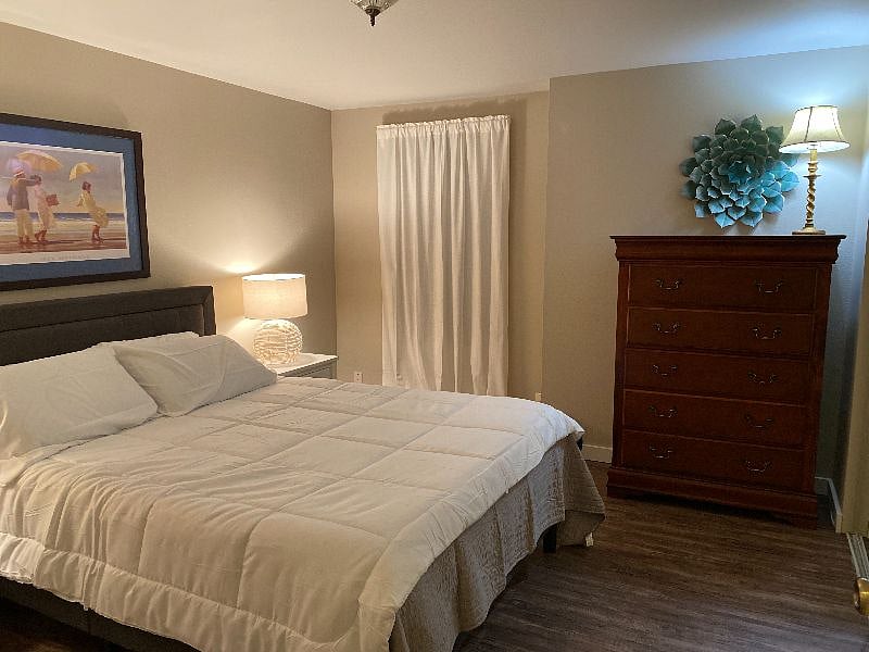 Bd #1 Queen Bed/5 drawer dresser; new platform bed, mattress, 43 Smart TV has now been mounted.