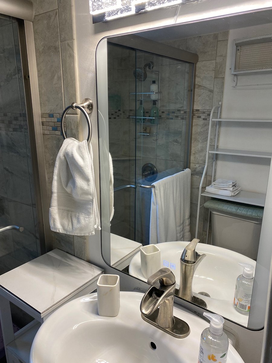 Bathroom, large walk in shower, storage over toilet