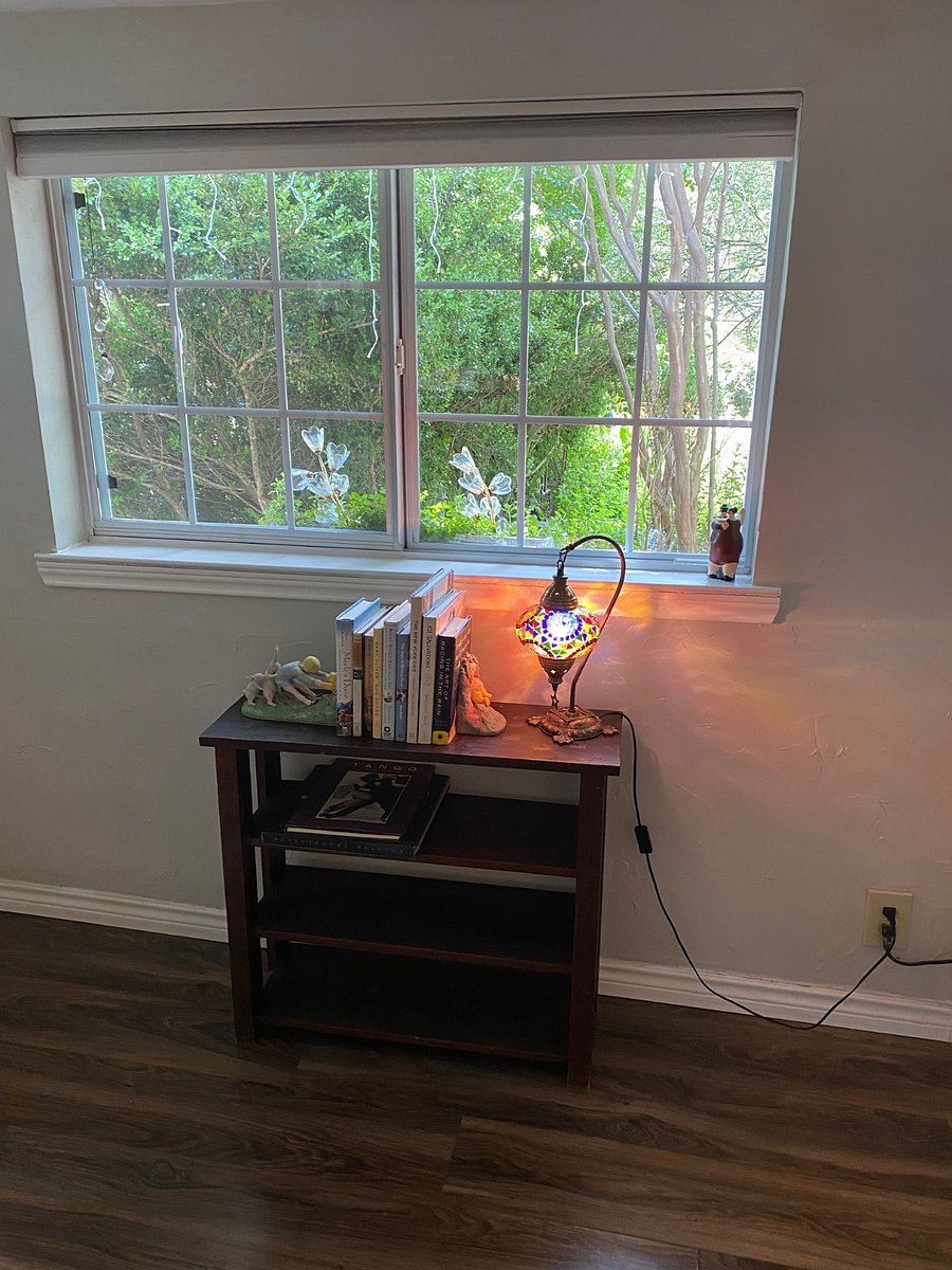 Window facing gardens from seating area