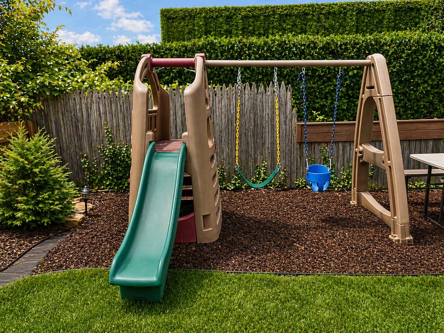 Fenced in backyard with swing set