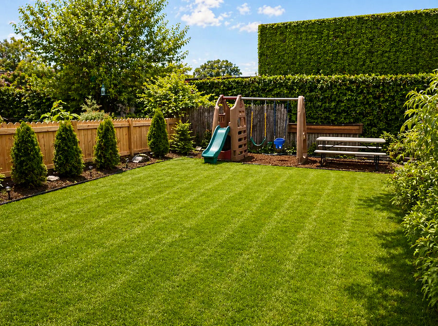 Fenced in backyard with picnic table