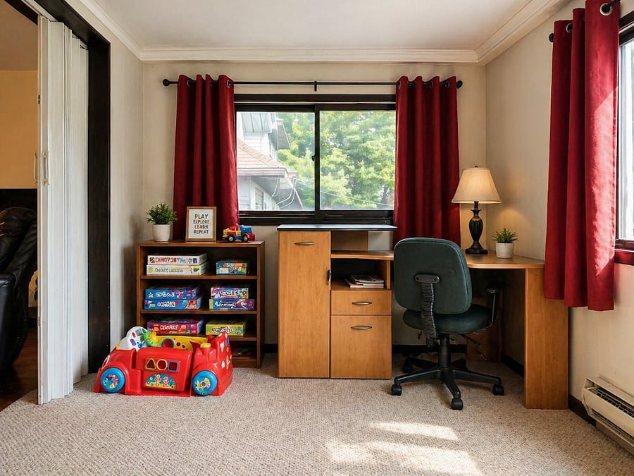 Sunroom with work surface and play area