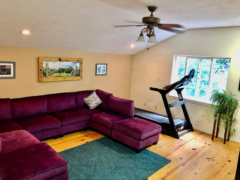 Get your steps in on the treadmill. Or just lounge on the extra large purple couch!