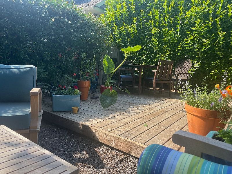 By May or June, the back deck is brimming with potted flowering plants. It's a west facing area but there is often shade from the huge maple tree