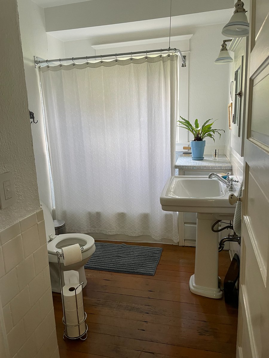 Light filled bathroom. Great shower! Softwood floors aren't in the best condition but they're charming :)